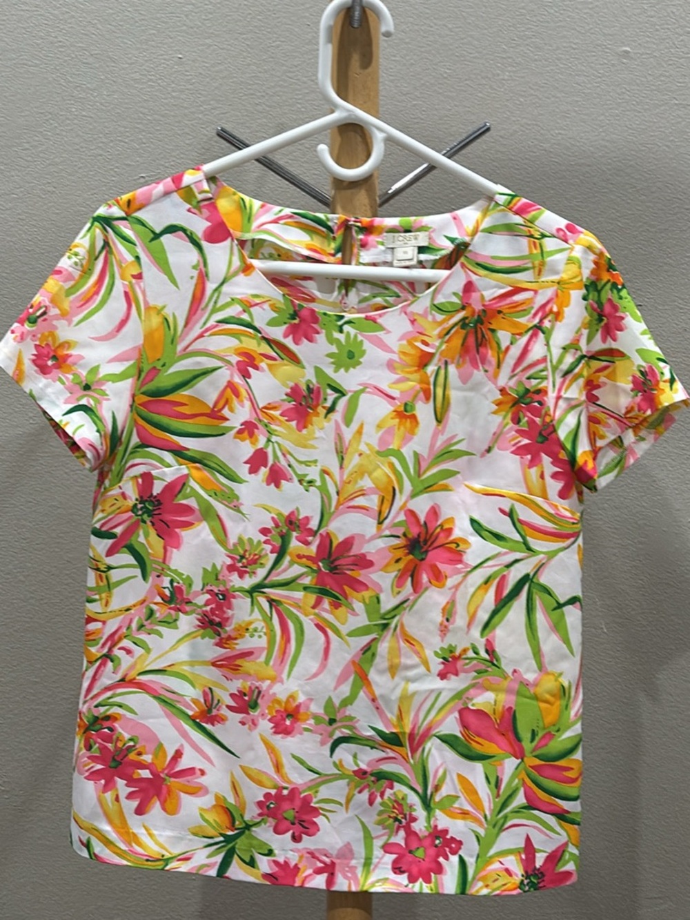 J. Crew White Floral Short Sleeve top with Pink & Green Accents